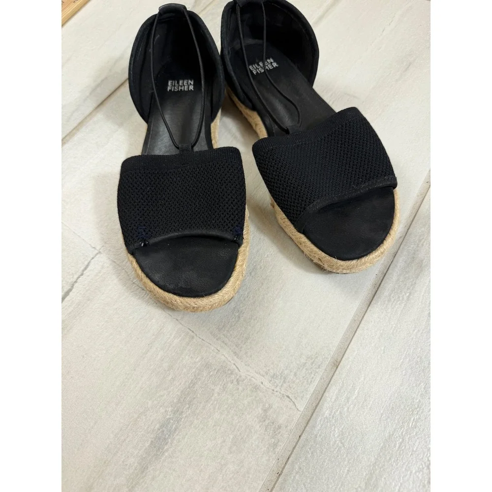 Eileen Fisher Women Black Knit Espadrille Flat Sandals Open Toe D'Orsay 7.5